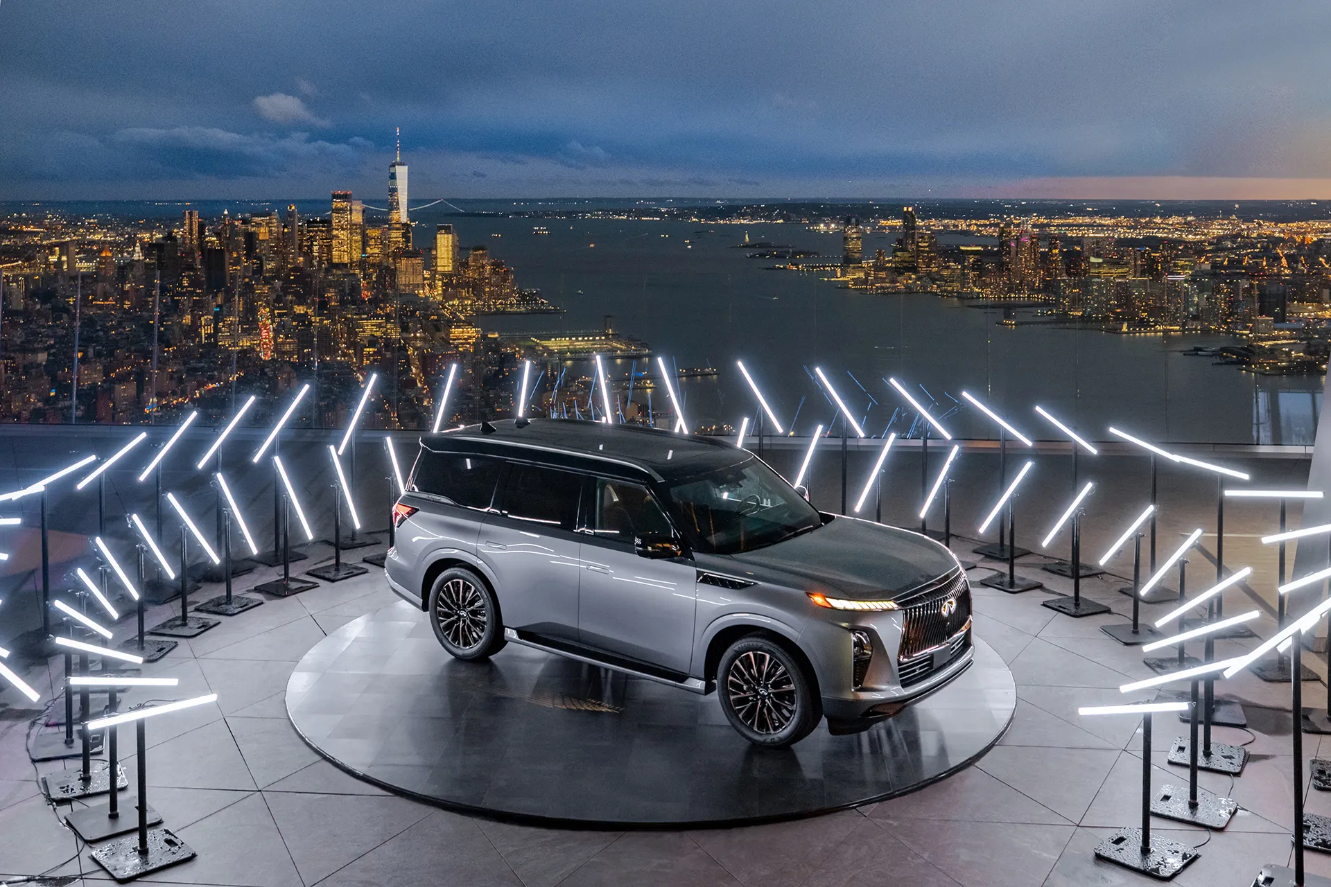 The 2025 Infiniti QX80 is dismantled above a 100-story tower in New York City.